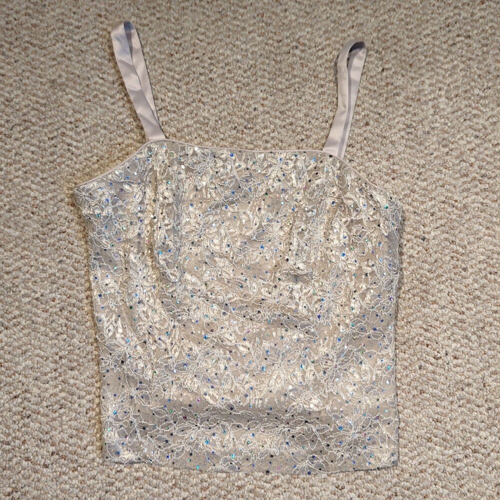 R&M Richards Sequin Lace Cami Tank Top Womens 10 Beige Floral Sparkle